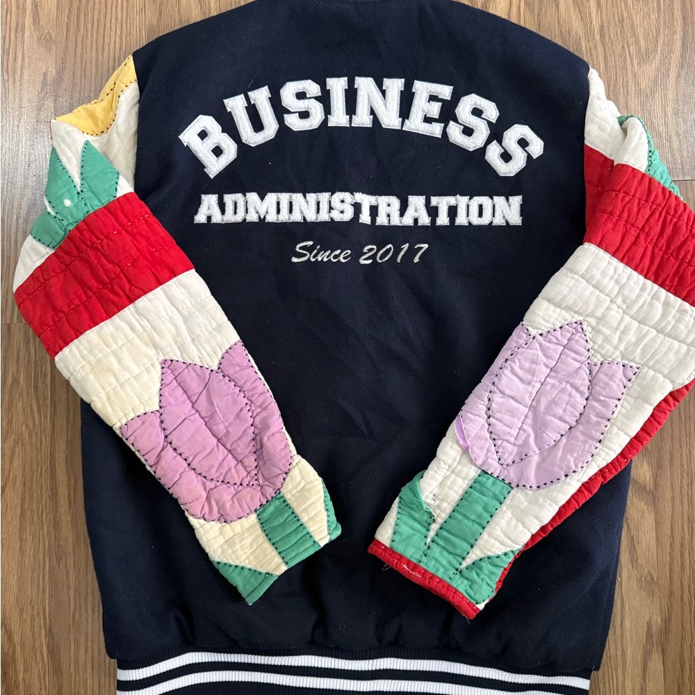 Rework Varsity Jacket with Antique Quilt Sleeve